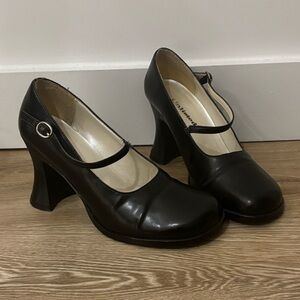 🍁VINTAGE 90s Y2K Unlisted Black Leather Mary Jane Heels Round Toe